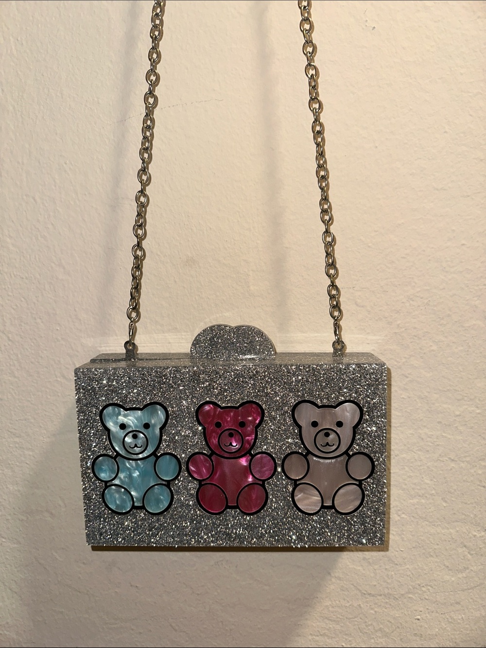 Glitter Teddy Trio Acrylic Box Clutch - Silver with Blue, Pink, Pearl Bears